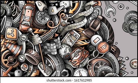 Auto hand drawn doodle banner. Cartoon detailed flyer. Automotive identity with objects and symbols. Color vector design elements background