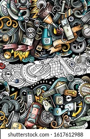 Auto hand drawn doodle banner. Cartoon detailed flyer. Automotive identity with objects and symbols. Color vector design elements background