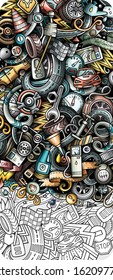 Auto hand drawn doodle banner. Cartoon detailed flyer. Automotive identity with objects and symbols. Color vector design elements background