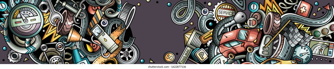 Auto hand drawn doodle banner. Cartoon detailed flyer. Automotive identity with objects and symbols. Color vector design elements background