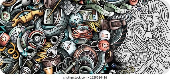 Auto hand drawn doodle banner. Cartoon detailed flyer. Automotive identity with objects and symbols. Color vector design elements background
