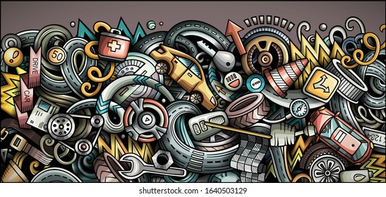 Auto hand drawn doodle banner. Cartoon detailed flyer. Automotive identity with objects and symbols. Color vector design elements background