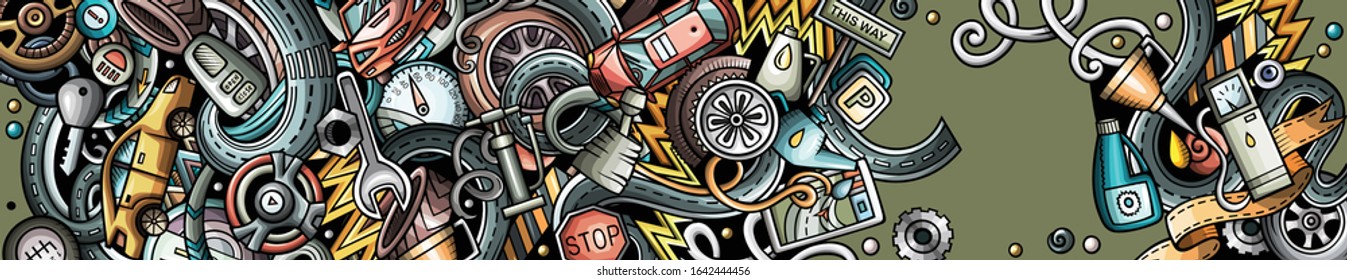 Auto hand drawn doodle banner. Cartoon detailed flyer. Automotive identity with objects and symbols. Color vector design elements background