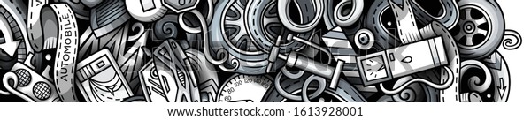 Auto hand drawn doodle banner.\
Cartoon detailed flyer. Automotive identity with objects and\
symbols. Monochrome vector design elements\
background