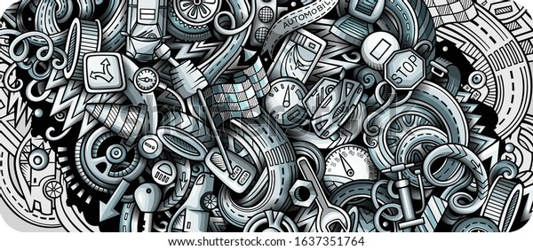 Auto hand drawn doodle banner.\
Cartoon detailed flyer. Automotive identity with objects and\
symbols. Monochrome vector design elements\
background