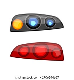 Auto headlights set isolated on white background. Automobile rear and front lights. Vehicle lamp kit. Spare part, detail for replacement.