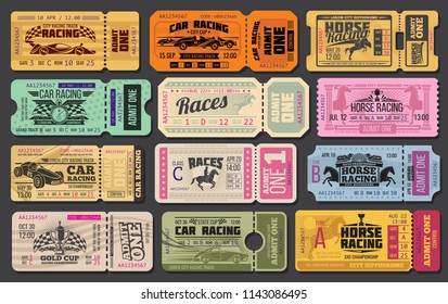 Auto and horse racing sport event tickets template. Admit one cards with vintage racing car, racehorse and winner trophy cup, racing flag and stopwatch for motorsport and equestrian sport design