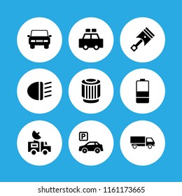 auto icon. 9 auto set with patrol, battery, car and piston vector icons for web and mobile app