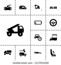 Auto icon. collection of 13 auto filled icons such as truck with luggage, truck, van, car music, low battery, steering wheel. editable auto icons for web and mobile.