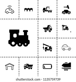 Auto icon. collection of 13 auto filled and outline icons such as train toy, car wash, truck, truck with hook, cargo truck. editable auto icons for web and mobile.
