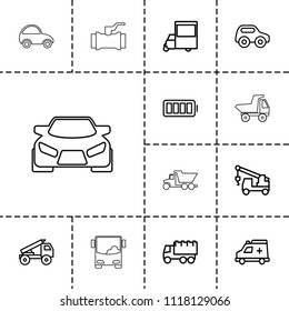 Auto icon. collection of 13 auto outline icons such as toy car, truck, truck with hook, van, ambulance, ful battery, truck rocket. editable auto icons for web and mobile.