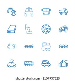 Auto icon. collection of 16 auto outline icons such as airport bus, truck with luggage, toy car, pump, wheel, van, car music, battery. editable auto icons for web and mobile.