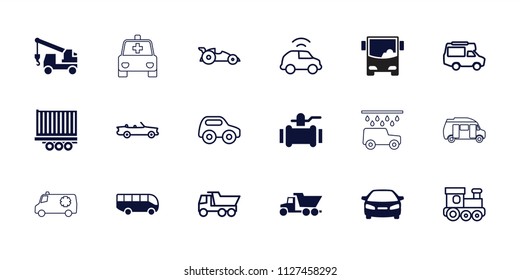 Auto icon. collection of 18 auto filled and outline icons such as car, truck with hook, pump, toy car, train toy, truck, van. editable auto icons for web and mobile.