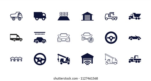 Auto icon. collection of 18 auto filled and outline icons such as car wash, truck with hook, truck, wheel, garage. editable auto icons for web and mobile.