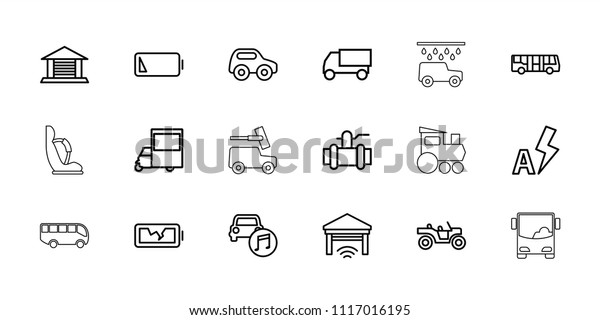 Auto icon.\
collection of 18 auto outline icons such as airport bus, toy car,\
truck, pump, van, car music, low battery, broken battery. editable\
auto icons for web and\
mobile.