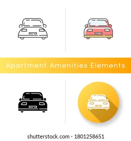 Auto icon. Front view on car. Vehicle for transportation. Personal car. Headlight on automobile. Sedan for carsharing. Taxi service. Linear black and RGB color styles. Isolated vector illustrations