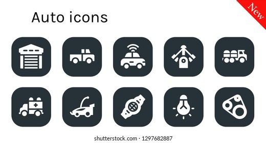  auto icon set. 10 filled auto icons. Simple modern icons about  - Garage, Truck, Autonomous car, Motor, Ambulance, Car, Belt, Tungsten, Timing belt