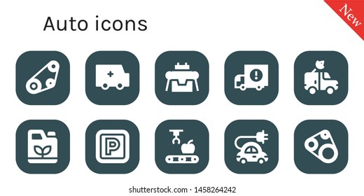 auto icon set. 10 filled auto icons.  Collection Of - Timing belt, Ambulance, Robot, Delivery truck, Van, Gasoline, Parking, Mechanical arm, Electric car