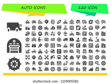  auto icon set. 120 filled auto icons. Simple modern icons about  - Cargo truck, Wheel, Garage, Police car, Damage, Ice cream van, Parking, Pulley, Belt, Autonomous car, Robot