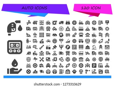  auto icon set. 120 filled auto icons. Simple modern icons about  - Gas fuel, Wash, Speedometer, Airbrush, Dump truck, Parkings, Electric car, Turbo, Delivery truck, Trunk, Wheel