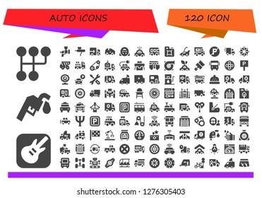  auto icon set. 120 filled auto icons. Simple modern icons about  - Gearshift, Garage band, Gas station, Airbrush, Lorry, Car, Steering wheel, Police car, Bus, Fuel, Delivery truck