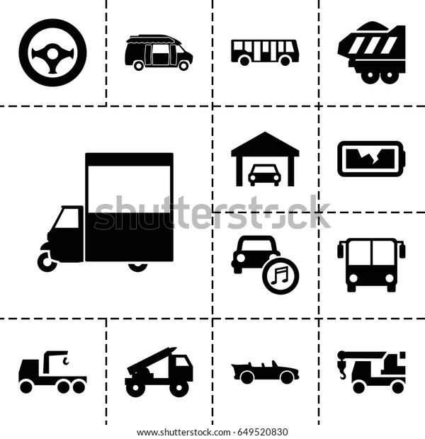 Auto icon. set of 13 filled auto\
icons such as airport bus, truck with hook, van, cargo trailer, car\
music, cabriolet, broken battery, garage, steering\
wheel