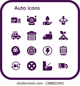 auto icon set. 16 filled auto icons.  Collection Of - Lorry, Robot, Wash, Motor, Police car, Garage, Van, Car, Intelligence, Brake disc, Flash, Pulley, Delivery truck, Wheel, Seat