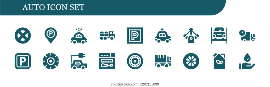  auto icon set. 18 filled auto icons. Simple modern icons about  - Wheel, Parking sign, Police car, Truck, Parking, Motor, Repairing, Electric car, Repair, Fuel, Wash
