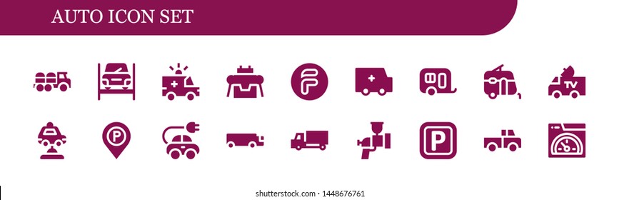 auto icon set. 18 filled auto icons.  Collection Of - Truck, Repairing, Ambulance, Robot, Flipdrive, Caravan, Van, Car, Parking sign, Electric car, Cargo truck, Delivery truck