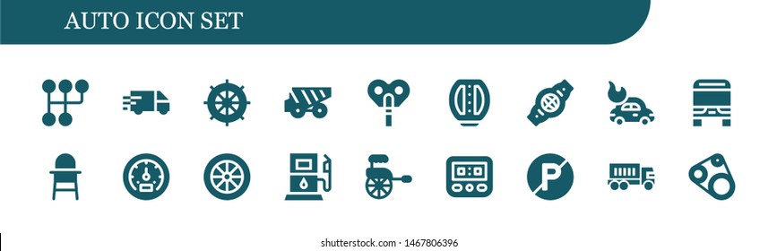 auto icon set. 18 filled auto icons.  Collection Of - Gearshift, Delivery truck, Wheel, Dump truck, Automaton, Pedal, Belt, Car, Bus, Baby chair, Tachometer, Gas station, Rickshaw