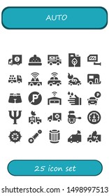 auto icon set. 25 filled auto icons.  Collection Of - Delivery truck, Bonnet, Fuel, Rearview mirror, Truck, Car, Autonomous car, Caravan, Trunk, No parking, Garage, Wash, Parking