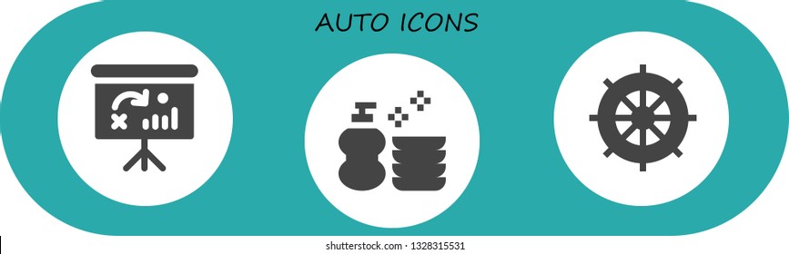 auto icon set. 3 filled auto icons.  Collection Of - Dashboard, Wash, Wheel
