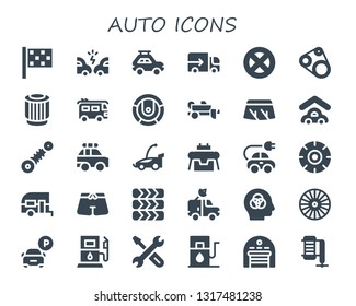 auto icon set. 30 filled auto icons.  Collection Of - Finish flag, Accident, Car, Lorry, Wheel, Timing belt, Pulley, Van, Robot, Trailer, Windshield, Garage, Suspension, Police car
