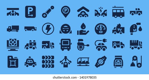 auto icon set. 32 filled auto icons. on blue background style Collection Of - Car, Delivery truck, Artificial intelligence, Fuel, Parking, Cargo truck, Ambulance, Police car, Suspension