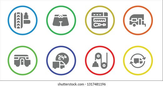 auto icon set. 8 filled auto icons.  Collection Of - Suspension, Caravan, Trunk, Delivery truck, Repair, Pulley