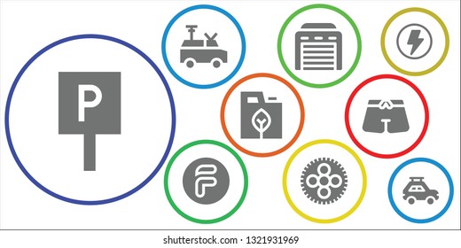 auto icon set. 9 filled auto icons.  Collection Of - Parking, Van, Garage, Flipdrive, Wheel, Fuel, Trunk, Flash, Car