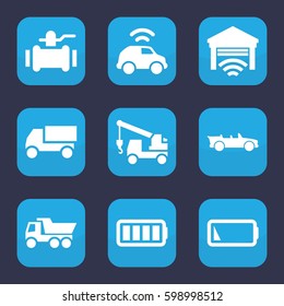 auto icon. Set of 9 filled auto icons such as truck, truck with hook, pump, cabriolet, ful battery, low battery, garage