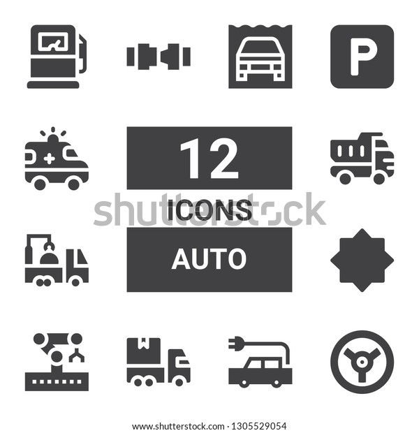 auto icon set. Collection of 12 filled auto icons\
included Racing, Electric car, Delivery truck, Robotic arm, Night\
mode, Truck, Safety belt, Parking, Ambulance, Gas pump, Amphibious\
car