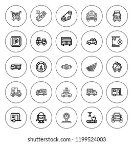 Auto icon set. collection of 25 outline auto icons with car, bus, chassis, caravan, electric car, delivery truck, flash, gauge, fuel, garbage truck icons. editable icons.