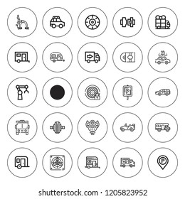 Auto icon set. collection of 25 outline auto icons with brake, car, bus, caravan, disc, electric car, cooling system, delivery truck, parking sign icons. editable icons.