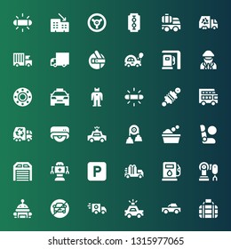 Auto Icon Set. Collection Of 36 Filled Auto Icons Included Transport, Pick Up, Police Car, Ambulance, No Parking, Robot, Robot Arm, Gas Station, Truck, Parking, Garage, Airbag