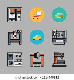 auto icon set. vector set about industrial robot, car, car repair and school bus icons set.