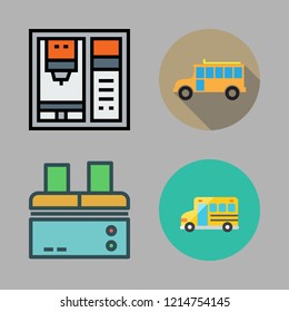 auto icon set. vector set about school bus, factory and industrial robot icons set.