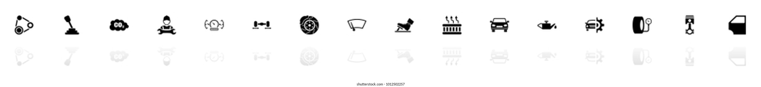 Auto icons - Black horizontal Illustration symbol on White Background with a mirror Shadow reflection. Flat Vector Icon.