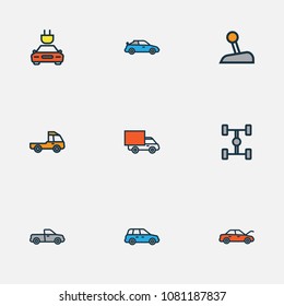 Auto icons colored line set with wheelbase, tesla, crossover and other level  elements. Isolated vector illustration auto icons.