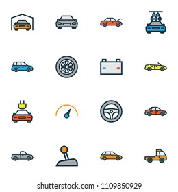 Auto icons colored line set with cabriolet, speedometer, gear and other rudder elements. Isolated vector illustration auto icons.