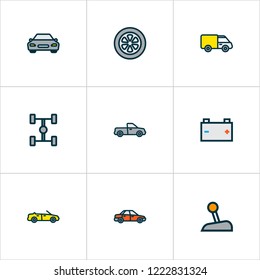 Auto icons colored line set with cabriolet, battery, car and other level  elements. Isolated vector illustration auto icons.