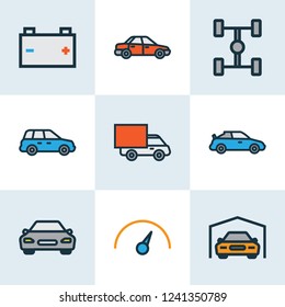 Auto icons colored line set with speedometer, sport, garage and other speed  elements. Isolated vector illustration auto icons.