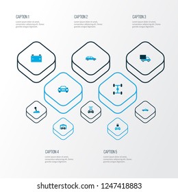 Auto icons colored set with accumulator, repairing, hatchback and other vehicle wash elements. Isolated vector illustration auto icons.