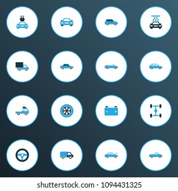 Auto icons colored set with car, auto, accumulator and other lorry elements. Isolated vector illustration auto icons.